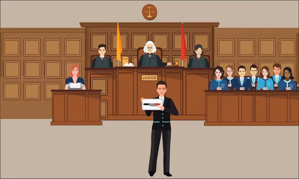 Sketch of a federal courtroom during a high-profile trial
