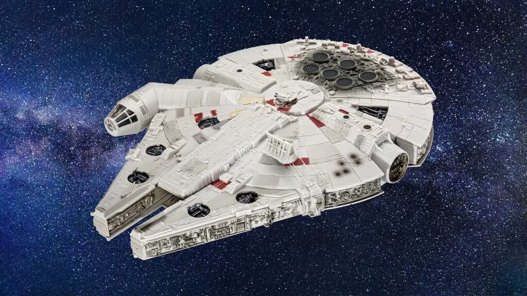 Sleek, futuristic starship resembling the Tempest from Mass Effect Andromeda flying through space