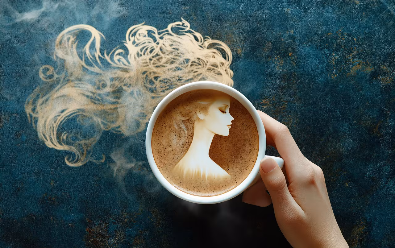 Steaming cup of coffee in the morning light, symbolizing the start of the day and the digestive process.