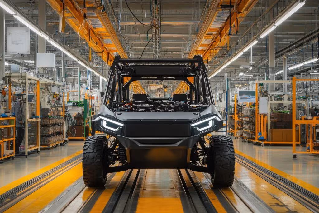 Tesla production line showing electric vehicles being assembled in a modern factory setting.