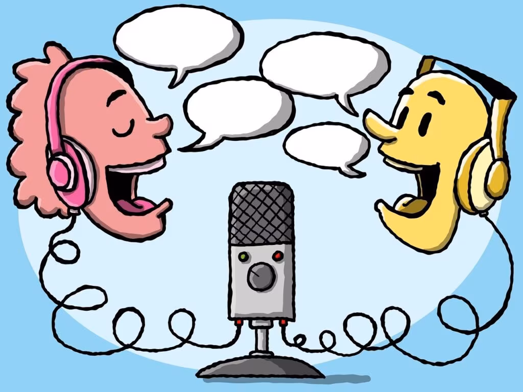 Three women recording a podcast in a professional studio setting with microphones and headphones.